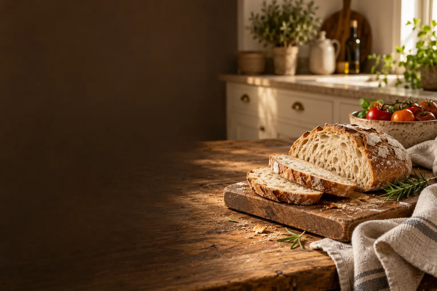 Fresh homemade bread, linen and vegetables on a warm wooden kitchen counter